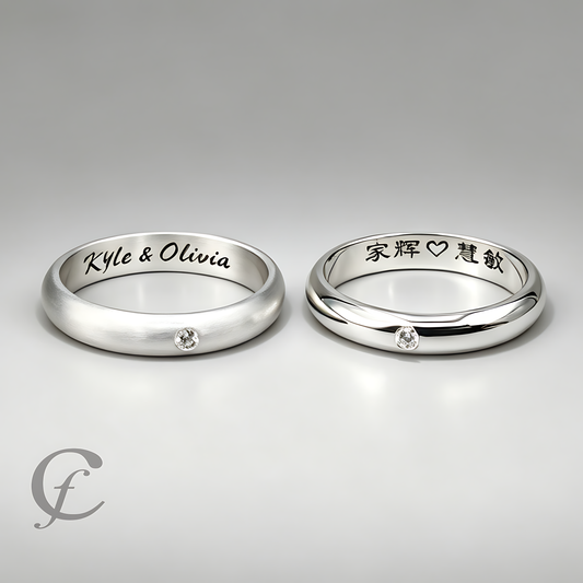 Personalized Couple Wedding Band Ring in Solid 925 Sterling Silver – Engraved Ring with Satin or Polished Finish & Accent Stone