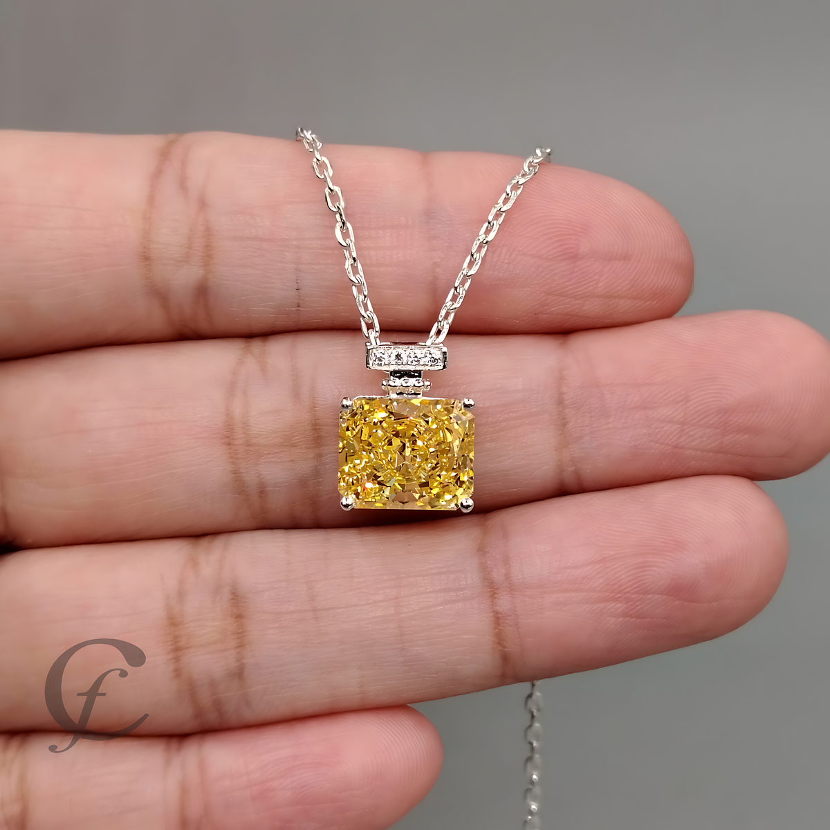 Canary Yellow Perfume Bottle Pendant Necklace in Solid 925 Sterling Silver – 9A Cubic Zirconia Radiant Cut