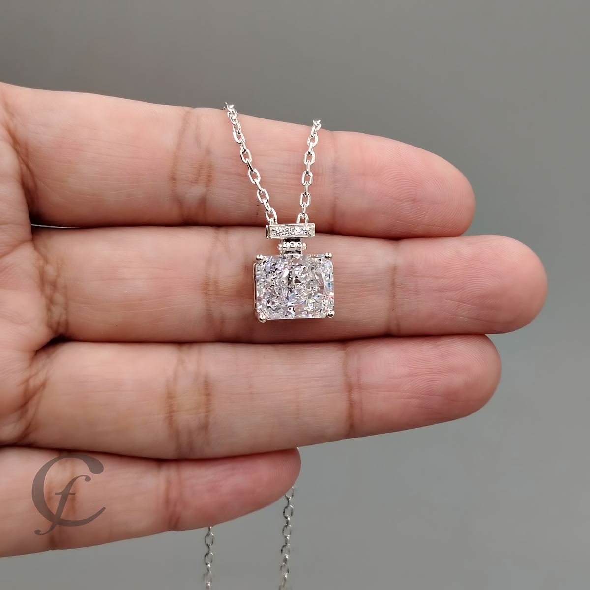 Diamond White Perfume Bottle Pendant Necklace in Solid 925 Sterling Silver – 9A Cubic Zirconia Radiant Cut