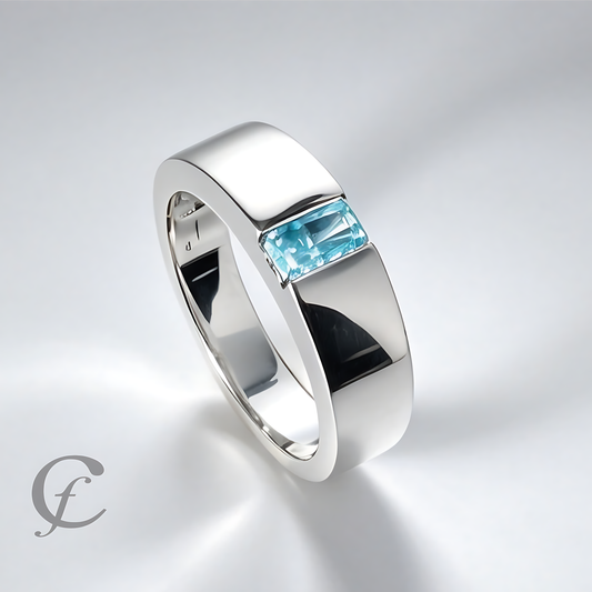 Personalized Wide Wedding Band Ring in Solid 925 Sterling Silver – Rectangular Accent Stone, Multiple Colors