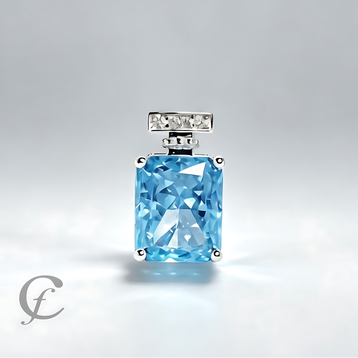Ocean Blue Perfume Bottle Pendant Necklace in Solid 925 Sterling Silver – 9A Cubic Zirconia Radiant Cut
