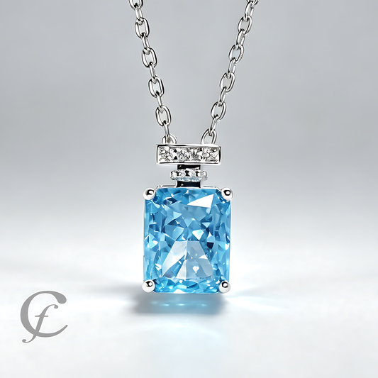 Ocean Blue Perfume Bottle Pendant Necklace in Solid 925 Sterling Silver – 9A Cubic Zirconia Radiant Cut