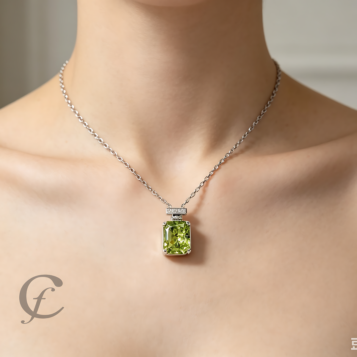Peridot Green Perfume Bottle Pendant Necklace in Solid 925 Sterling Silver – 9A Cubic Zirconia Radiant Cut