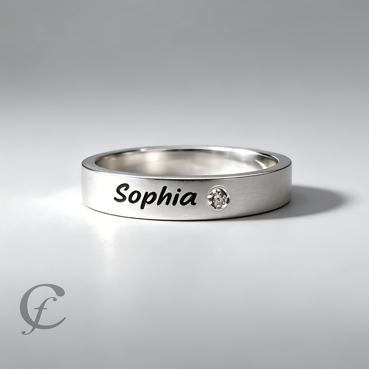 Custom Name Wedding Band Ring in Solid 925 Sterling Silver – Engraved with Accent Stone