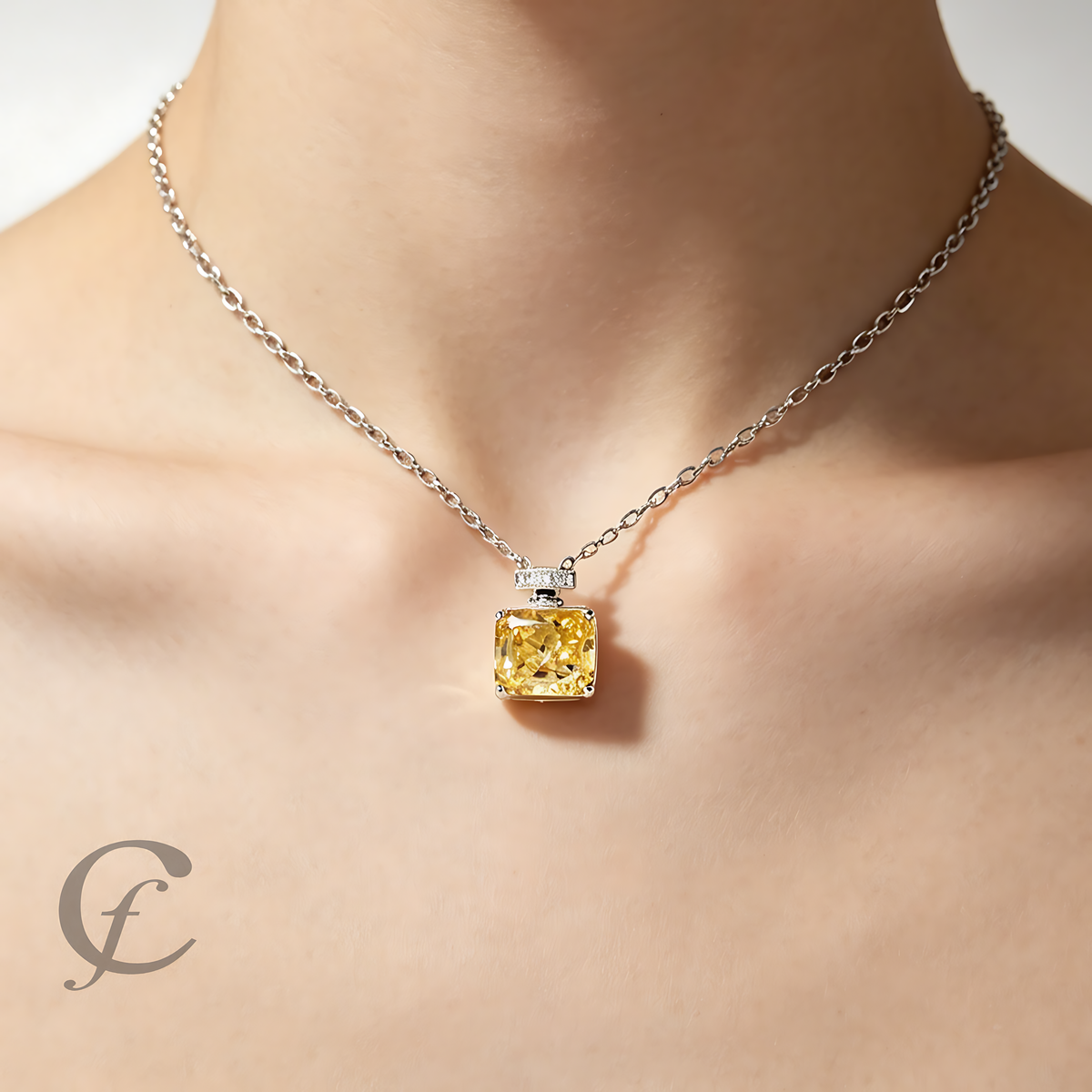 Canary Yellow Perfume Bottle Pendant Necklace in Solid 925 Sterling Silver – 9A Cubic Zirconia Radiant Cut