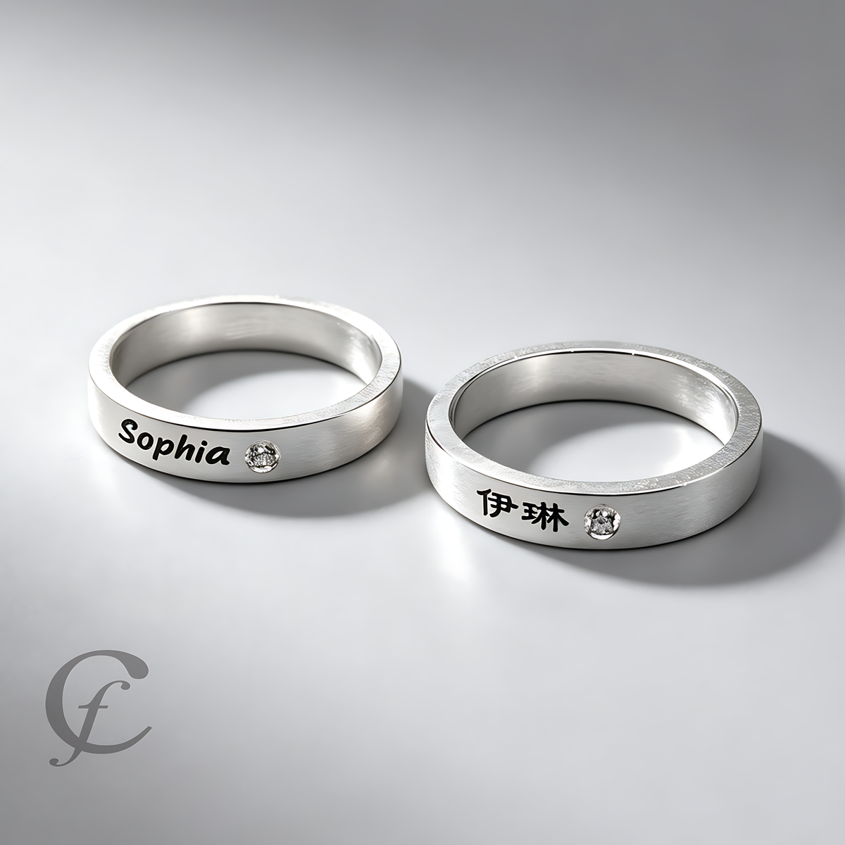 Personalized Matching Rings for Couples in Solid 925 Sterling Silver – Engraved Name Wedding Bands with Accent Stones