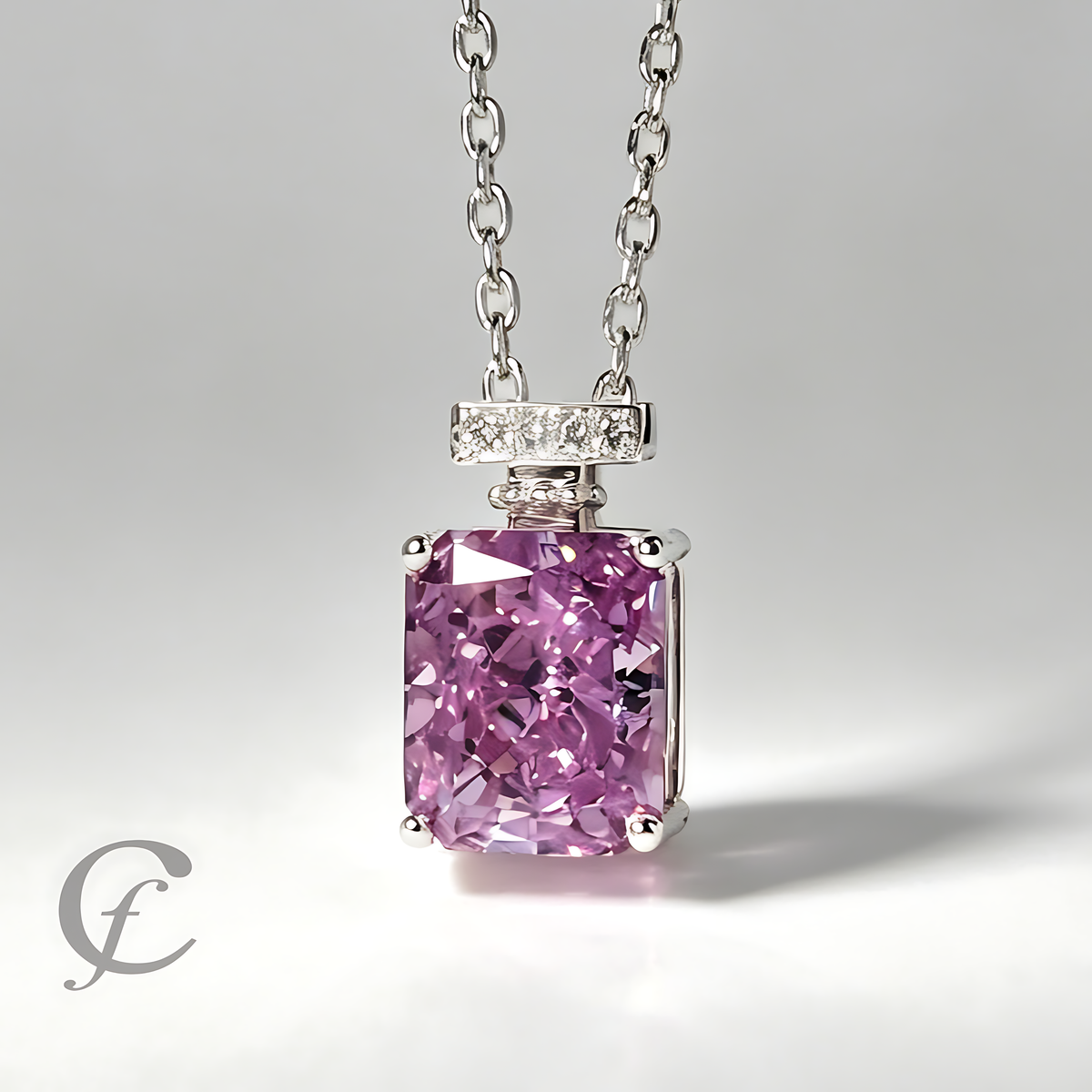 Amethyst Purple Perfume Bottle Pendant Necklace in Solid 925 Sterling Silver – 9A Cubic Zirconia Radiant Cut