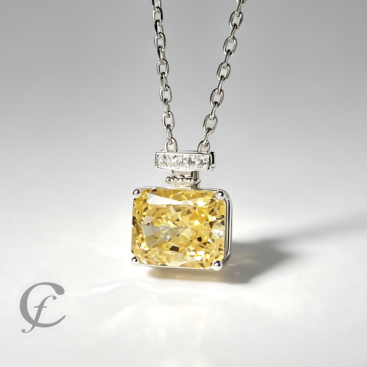 Canary Yellow Perfume Bottle Pendant Necklace in Solid 925 Sterling Silver – 9A Cubic Zirconia Radiant Cut