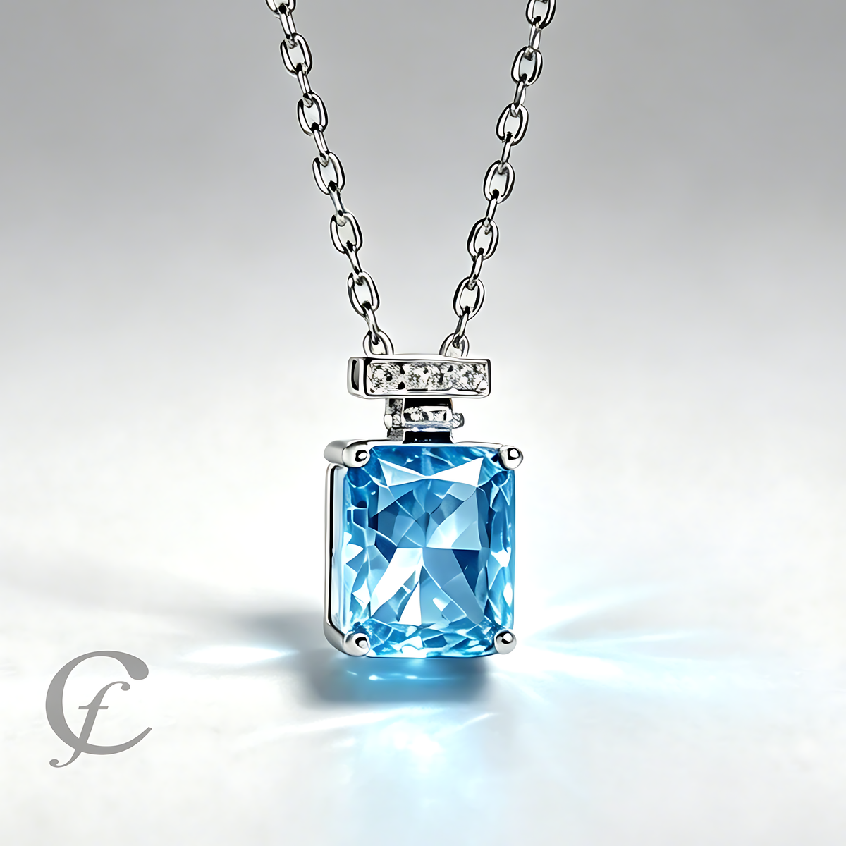 Ocean Blue Perfume Bottle Pendant Necklace in Solid 925 Sterling Silver – 9A Cubic Zirconia Radiant Cut