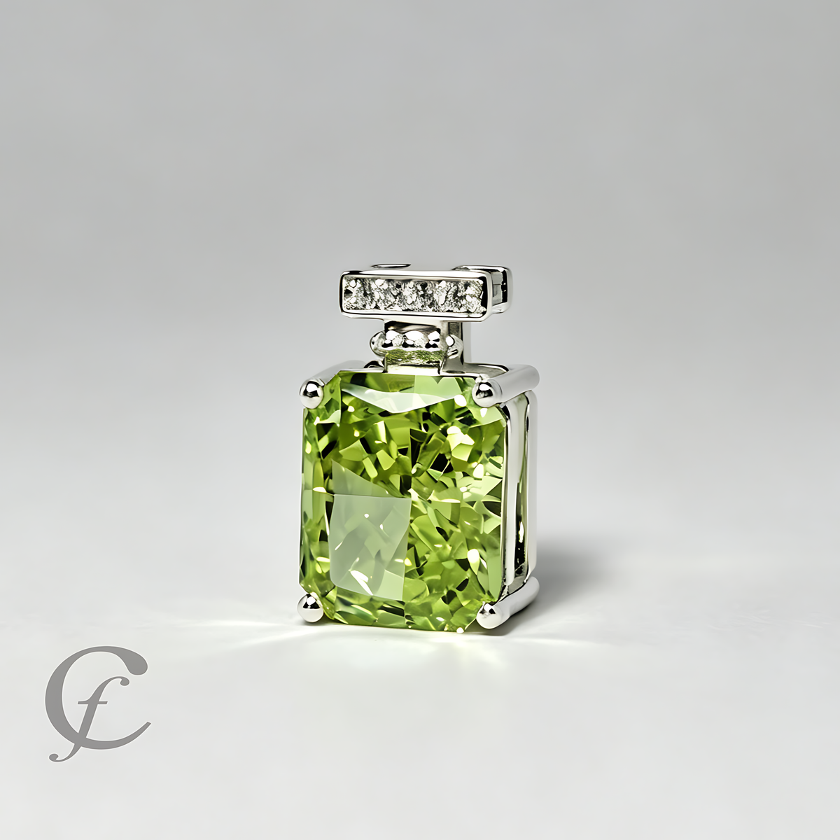 Peridot Green Perfume Bottle Pendant Necklace in Solid 925 Sterling Silver – 9A Cubic Zirconia Radiant Cut