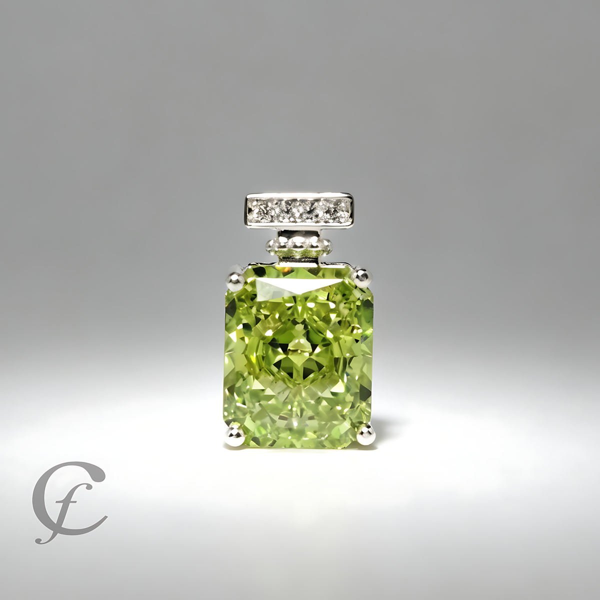Peridot Green Perfume Bottle Pendant Necklace in Solid 925 Sterling Silver – 9A Cubic Zirconia Radiant Cut
