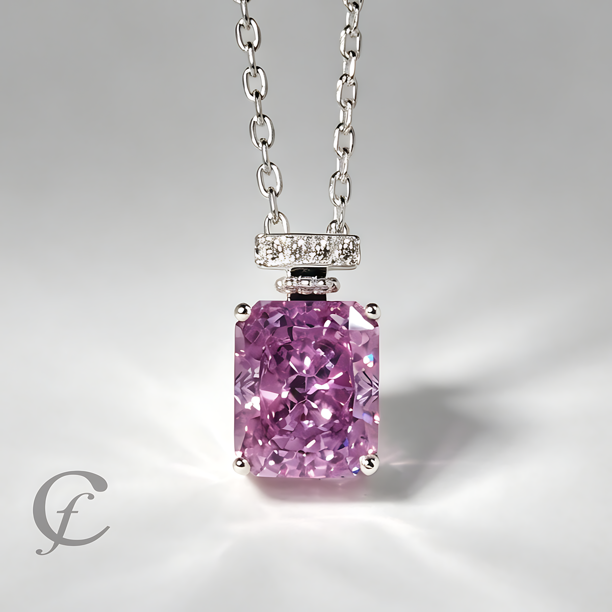 Amethyst Purple Perfume Bottle Pendant Necklace in Solid 925 Sterling Silver – 9A Cubic Zirconia Radiant Cut