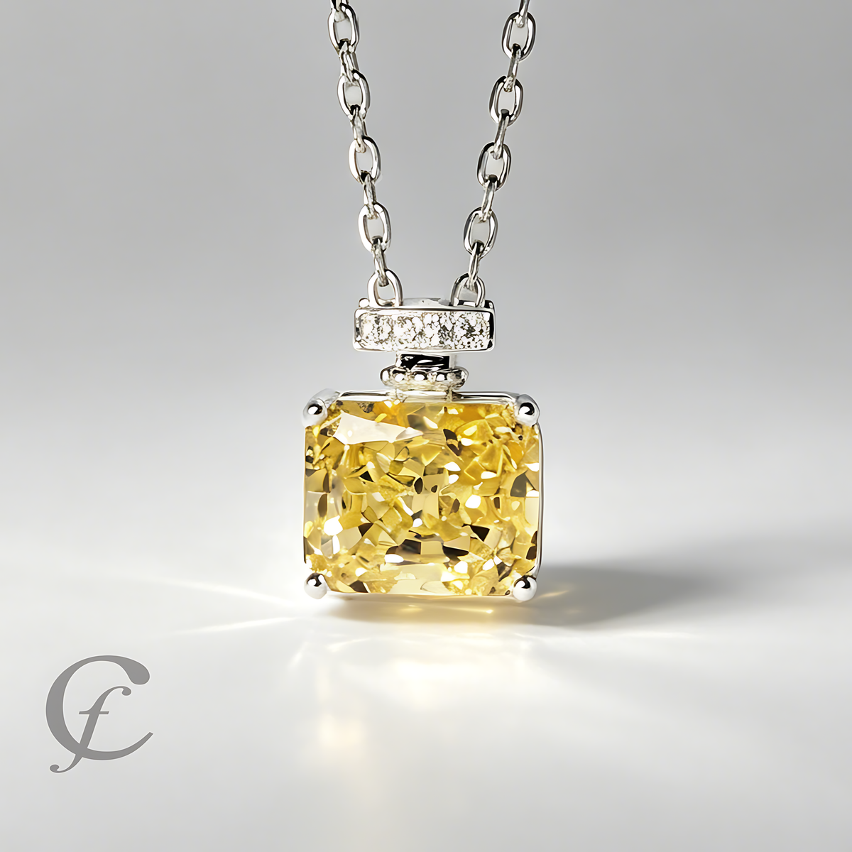 Canary Yellow Perfume Bottle Pendant Necklace in Solid 925 Sterling Silver – 9A Cubic Zirconia Radiant Cut