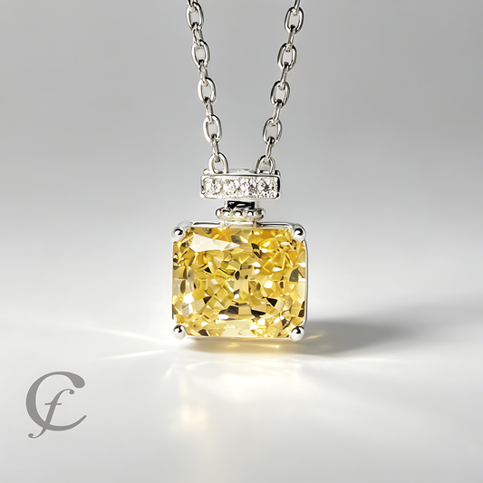 Canary Yellow Perfume Bottle Pendant Necklace in Solid 925 Sterling Silver – 9A Cubic Zirconia Radiant Cut