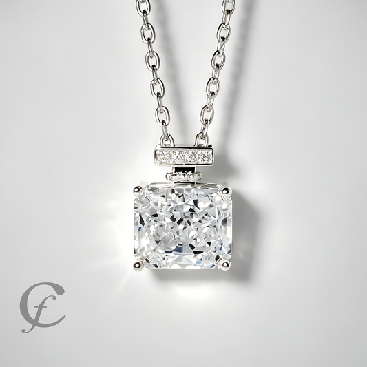 Diamond White Perfume Bottle Pendant Necklace in Solid 925 Sterling Silver – 9A Cubic Zirconia Radiant Cut