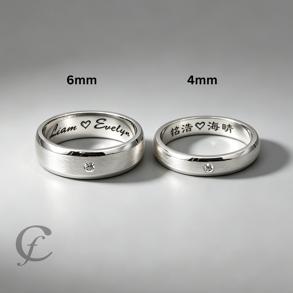 Modern Matching Couple Rings – Personalized Engraved 925 Sterling Silver Wedding Bands with Accent Stones