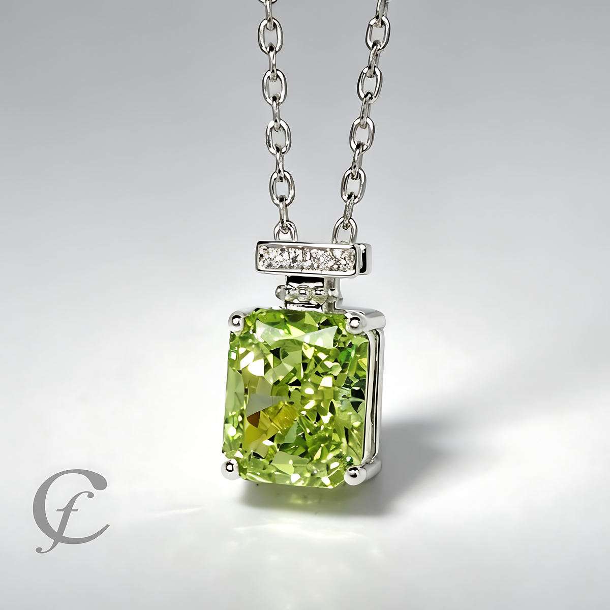 Peridot Green Perfume Bottle Pendant Necklace in Solid 925 Sterling Silver – 9A Cubic Zirconia Radiant Cut