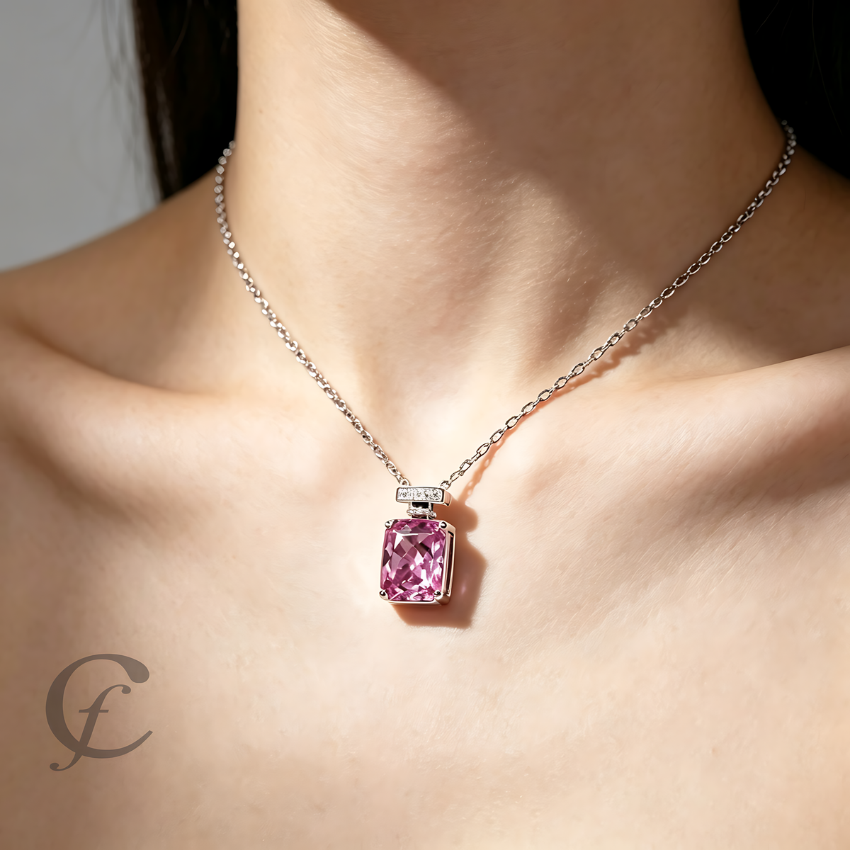 Amethyst Purple Perfume Bottle Pendant Necklace in Solid 925 Sterling Silver – 9A Cubic Zirconia Radiant Cut