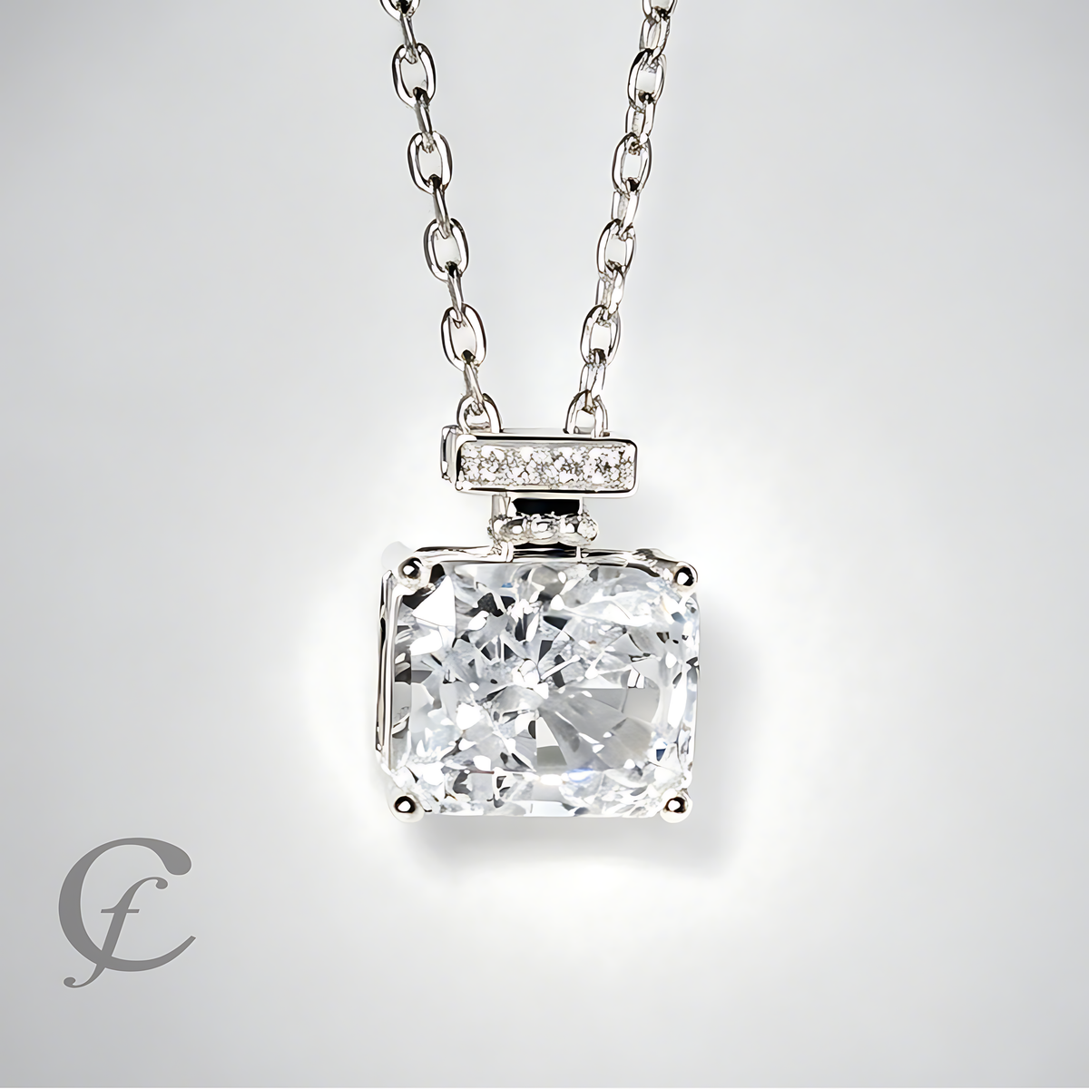Diamond White Perfume Bottle Pendant Necklace in Solid 925 Sterling Silver – 9A Cubic Zirconia Radiant Cut