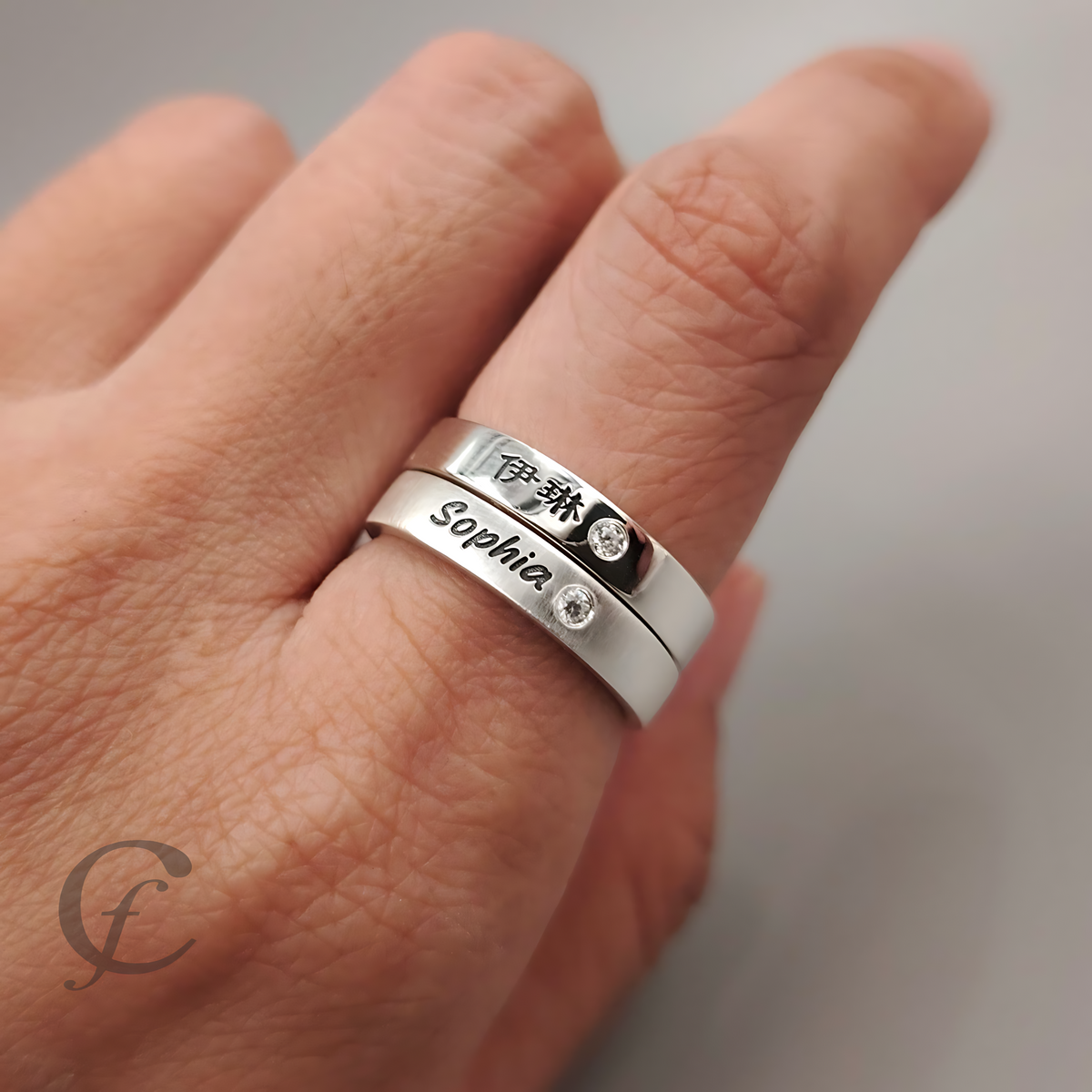 Personalized Matching Rings for Couples in Solid 925 Sterling Silver – Engraved Name Wedding Bands with Accent Stones