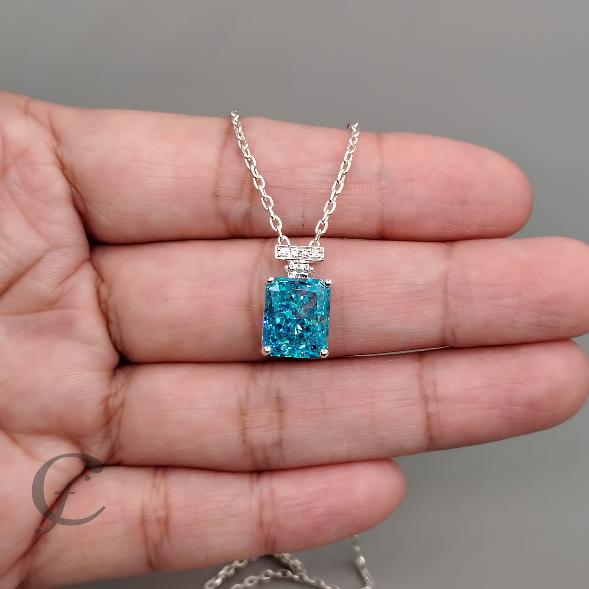 Ocean Blue Perfume Bottle Pendant Necklace in Solid 925 Sterling Silver – 9A Cubic Zirconia Radiant Cut