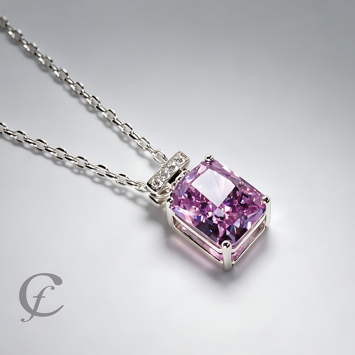 Amethyst Purple Perfume Bottle Pendant Necklace in Solid 925 Sterling Silver – 9A Cubic Zirconia Radiant Cut