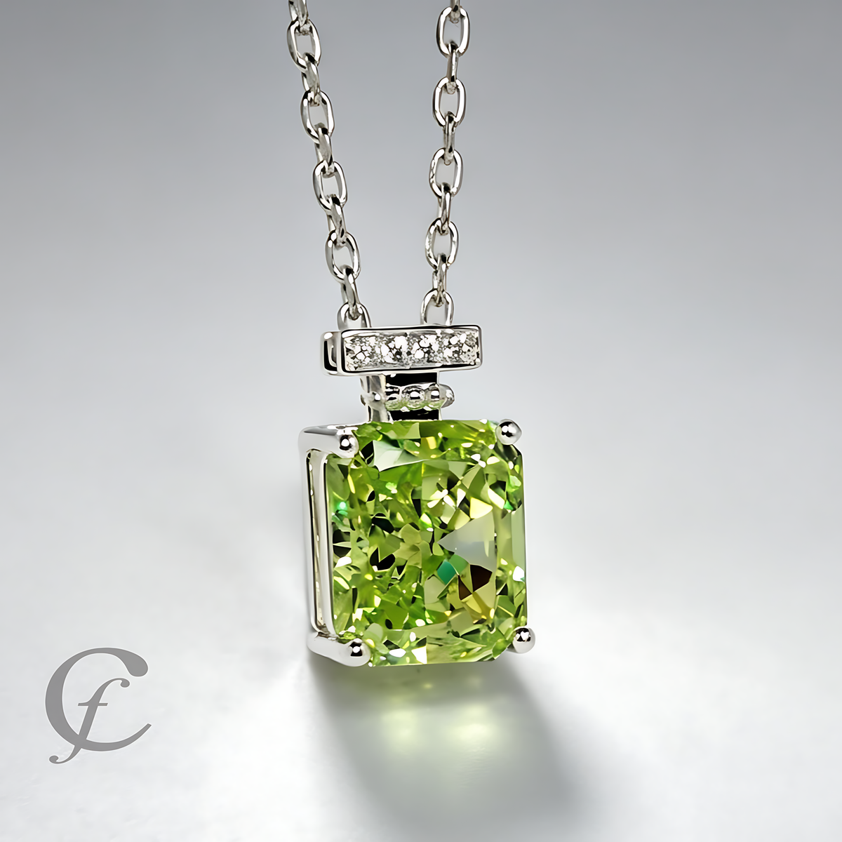 Peridot Green Perfume Bottle Pendant Necklace in Solid 925 Sterling Silver – 9A Cubic Zirconia Radiant Cut