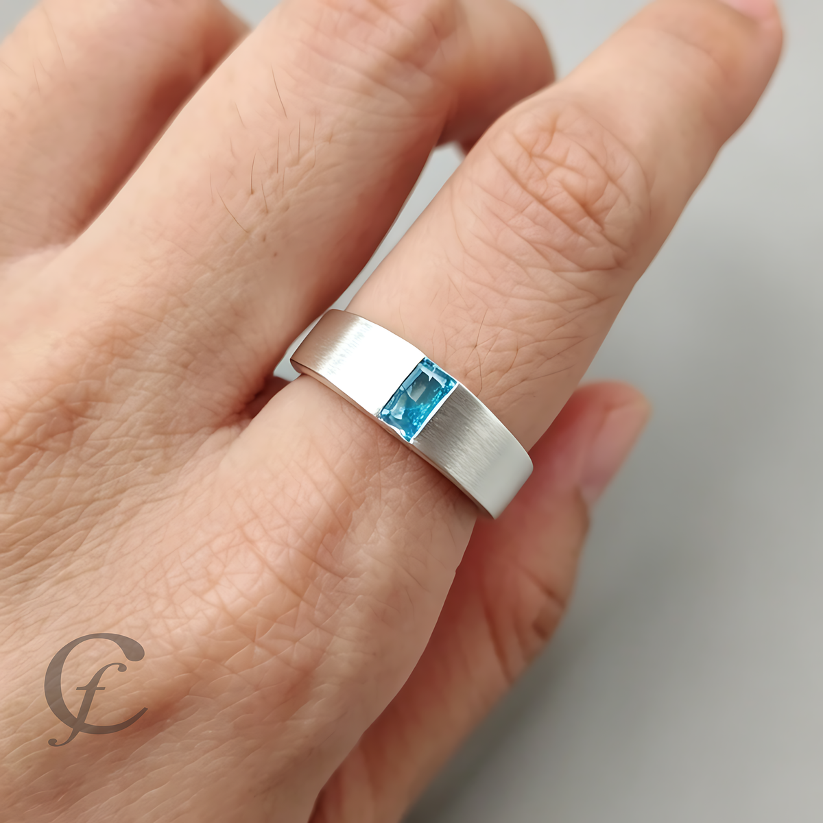 Personalized Wide Wedding Band Ring in Solid 925 Sterling Silver – Rectangular Accent Stone, Multiple Colors