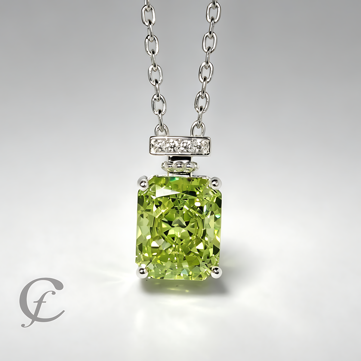 Peridot Green Perfume Bottle Pendant Necklace in Solid 925 Sterling Silver – 9A Cubic Zirconia Radiant Cut