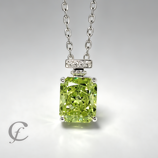 Peridot Green Perfume Bottle Pendant Necklace in Solid 925 Sterling Silver – 9A Cubic Zirconia Radiant Cut