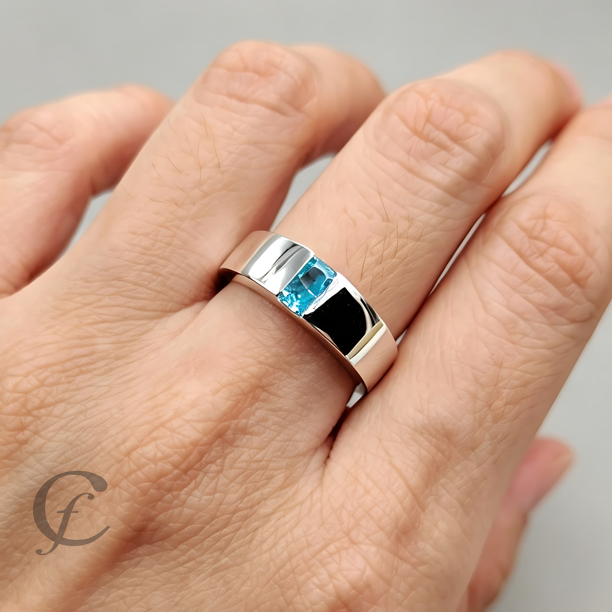 Personalized Wide Wedding Band Ring in Solid 925 Sterling Silver – Rectangular Accent Stone, Multiple Colors