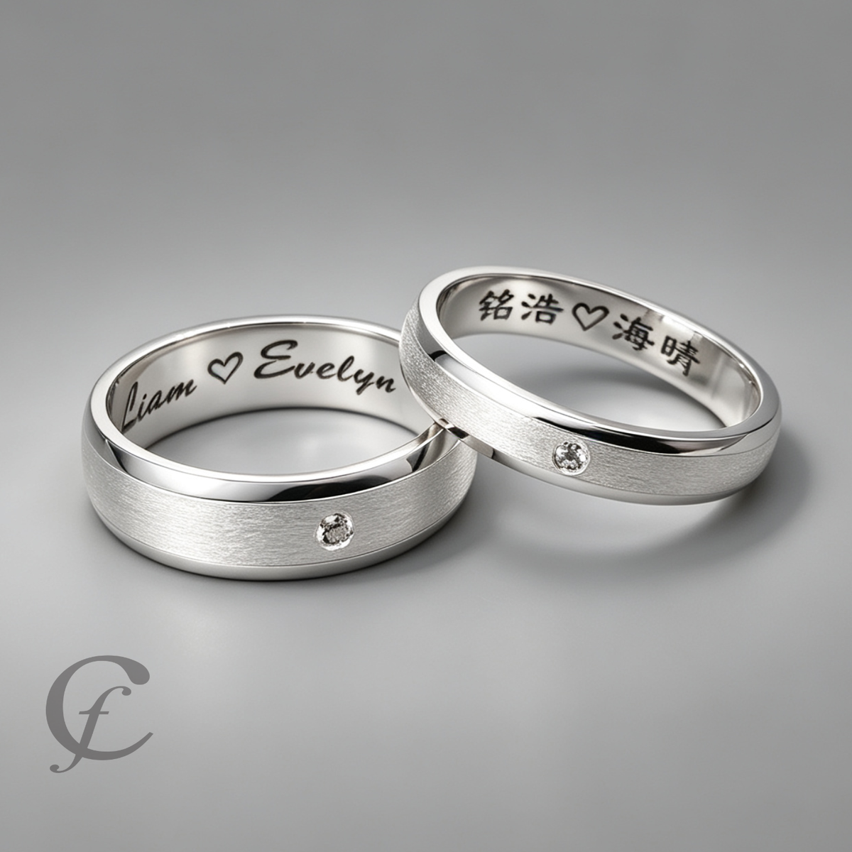 Modern Matching Couple Rings – Personalized Engraved 925 Sterling Silver Wedding Bands with Accent Stones