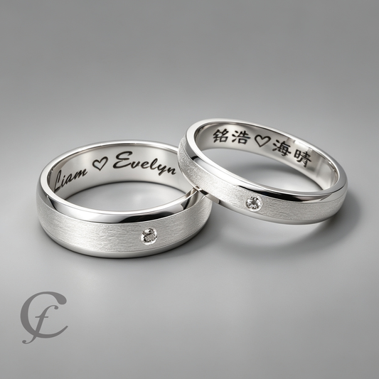 Modern Matching Couple Rings – Personalized Engraved 925 Sterling Silver Wedding Bands with Accent Stones