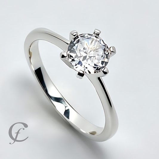 A classic solitaire engagement ring featuring a round brilliant-cut clear gemstone in a six-prong setting on a polished silver-colored band, shown on a light gray background .