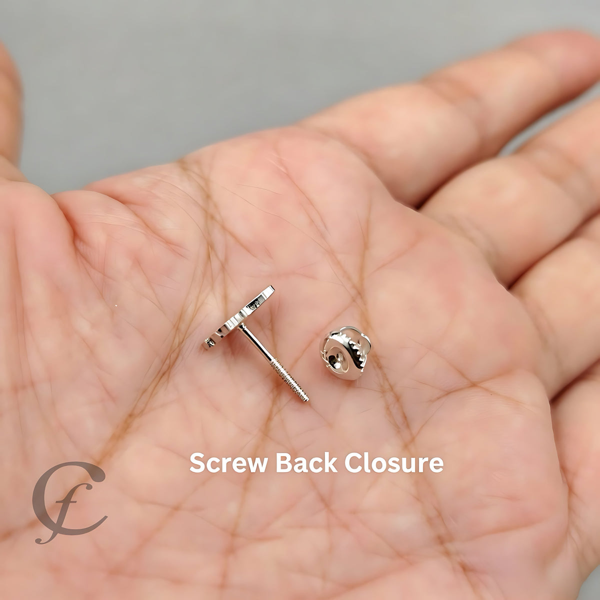 A close-up of a person's palm holding a pair of small silver jewelry backings, with overlaid text reading 'Screw Back Closure' and a stylized 'C' watermark in the lower left.