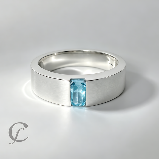 Modern Wide Band Ring in Solid 925 Sterling Silver – Rectangular Accent Stone with Polished or Satin Finish