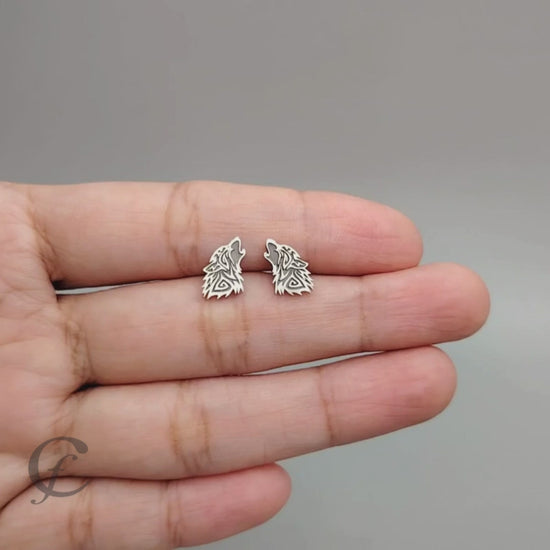 Handcrafted 925 sterling silver tribal howling wolf stud earrings – oxidized satin finish, push or screw back
