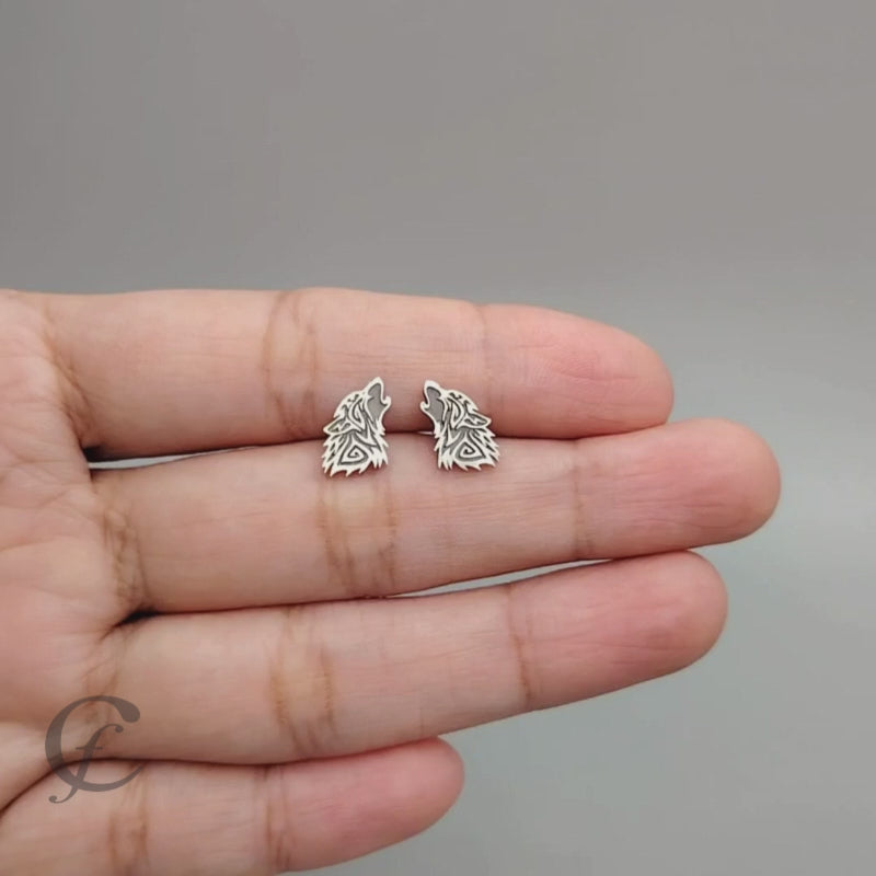 Handcrafted 925 sterling silver tribal howling wolf stud earrings – oxidized satin finish, push or screw back