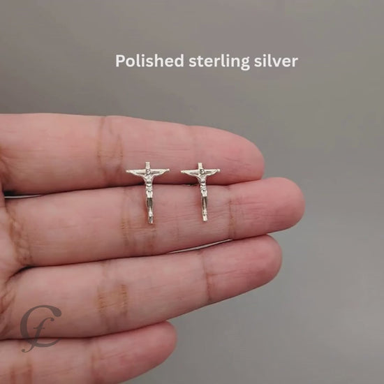 Handcrafted 925 sterling silver Jesus cross stud earrings – polished or oxidized finish, screw or push back options