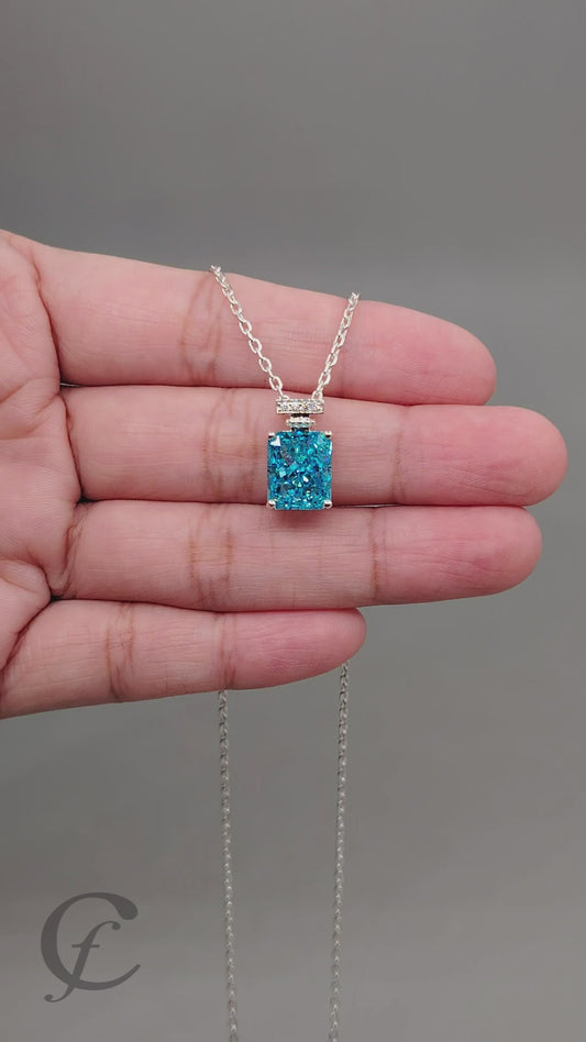 Ocean Blue Perfume Bottle Pendant Necklace in Solid 925 Sterling Silver – 9A Cubic Zirconia Radiant Cut