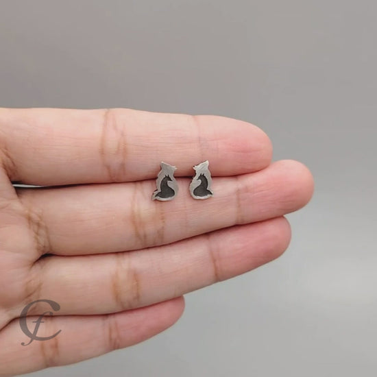 Handcrafted 925 sterling silver wolf & fox silhouette stud earrings – layered animal design with satin and oxidized finish