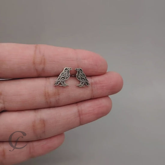 Handcrafted 925 sterling silver Norse raven stud earrings – Huginn & Muninn cutout design with oxidized finish