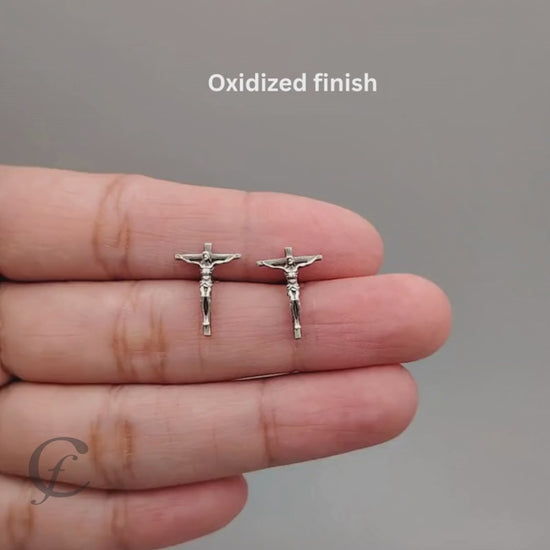 Handcrafted 925 sterling silver Crucifix stud earrings – polished or oxidized finish, screw or push back options