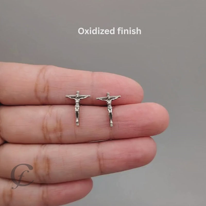 Handcrafted 925 sterling silver Crucifix stud earrings – polished or oxidized finish, screw or push back options