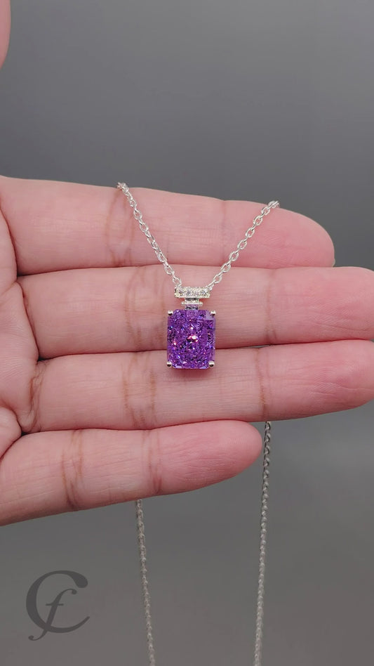 Amethyst Purple Perfume Bottle Pendant Necklace in Solid 925 Sterling Silver – 9A Cubic Zirconia Radiant Cut